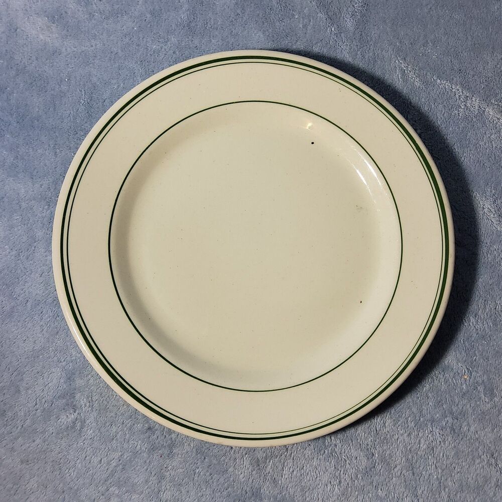 Vintage Sterling Vitrified China Green Stripe Rim Dinner Plate 9.25" Diner Style